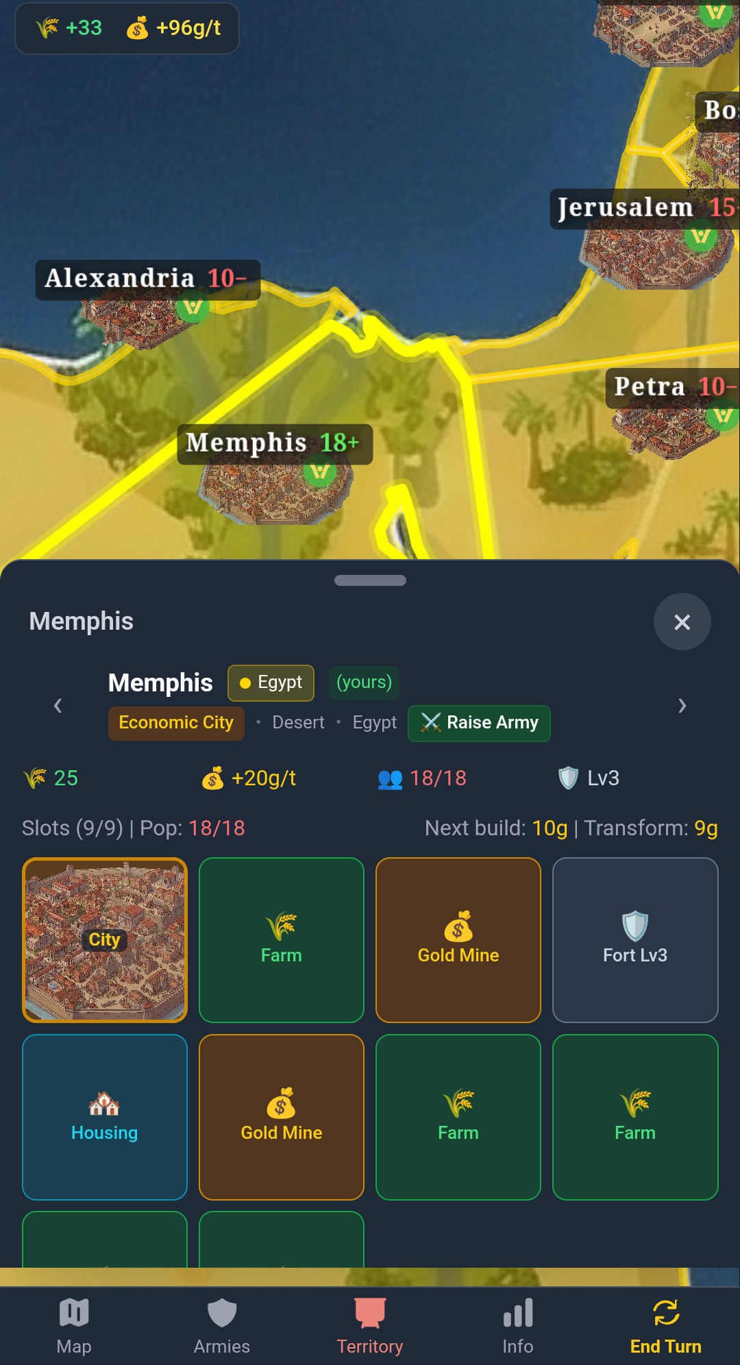 Memphis city panel with building chains — Farm, Gold Mine, Housing and Fort slots specializing the city into an economic powerhouse.
