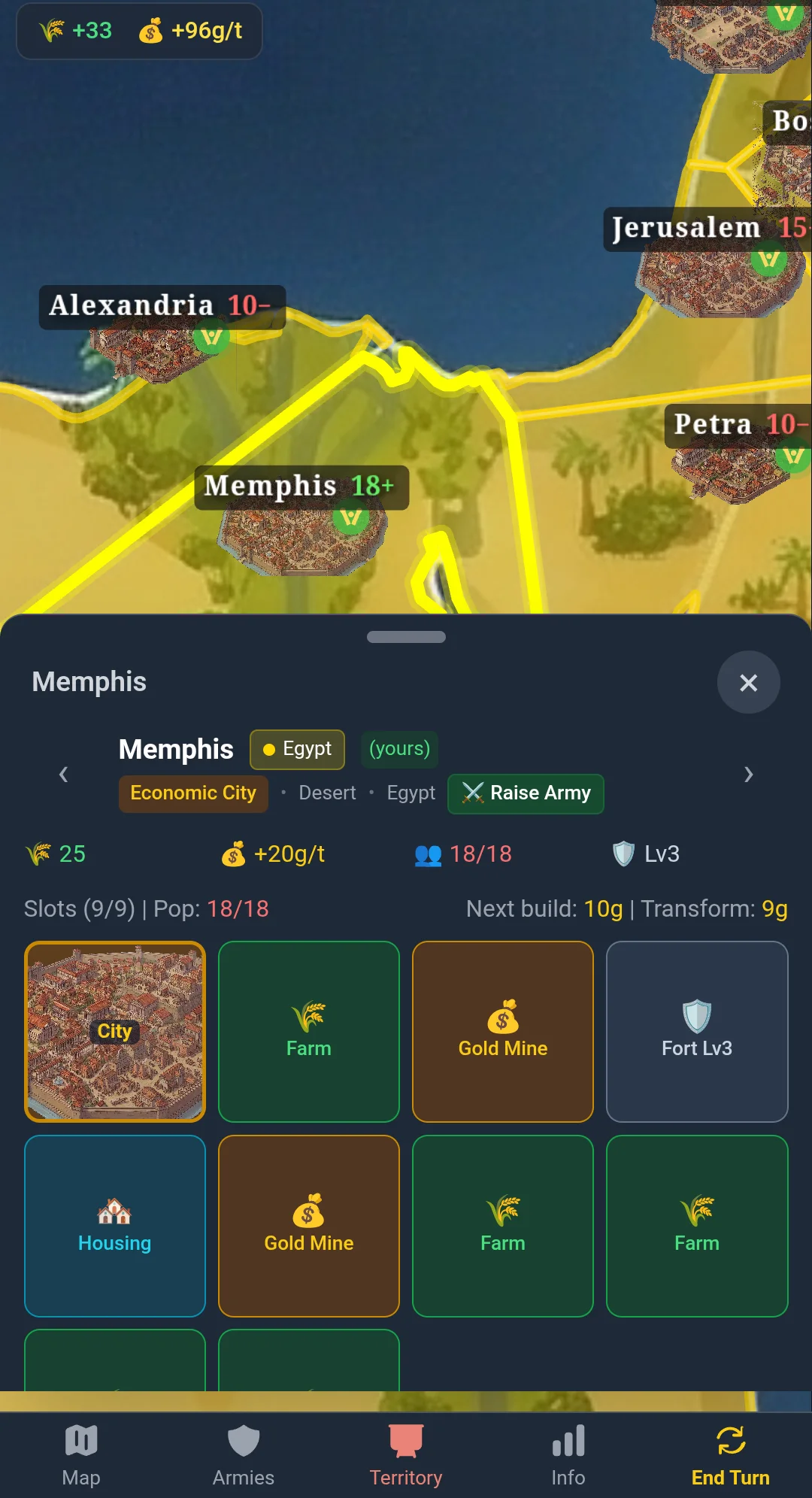 Memphis city panel with building chains — Farm, Gold Mine, Housing and Fort slots specializing the city into an economic powerhouse.