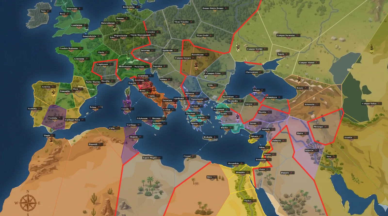 The Minimal War campaign map — 99 territories across the ancient Mediterranean, held by 20+ factions with color-coded borders.