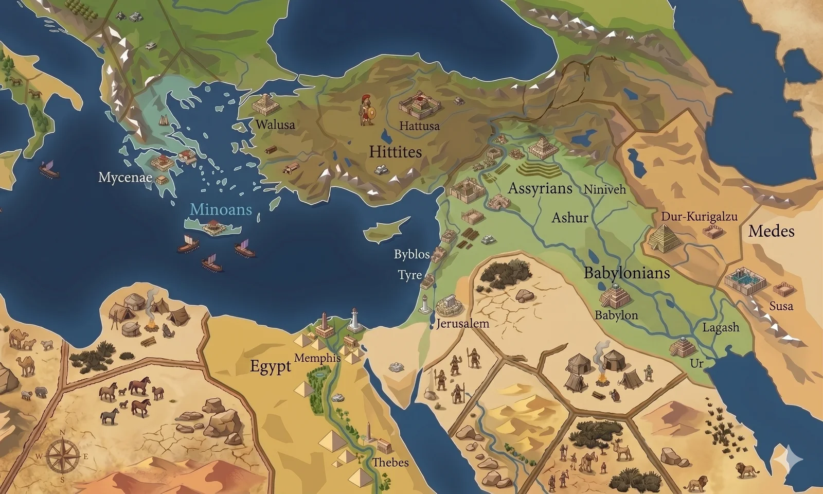 Bronze Age map preview showing Hittites, Mycenae, Assyrians, Babylonians and Egypt — one of the upcoming theatres.